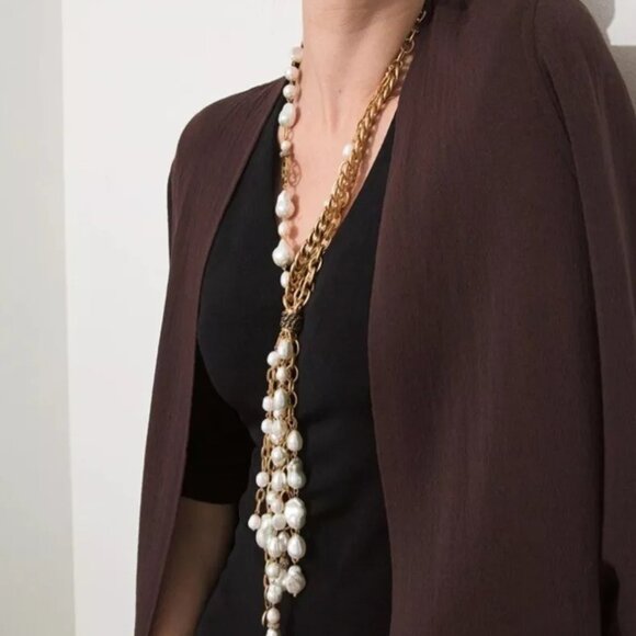 NWT CHICOS long gold tone and freshwater pearl signature Tassel women's Necklace - Picture 2 of 3